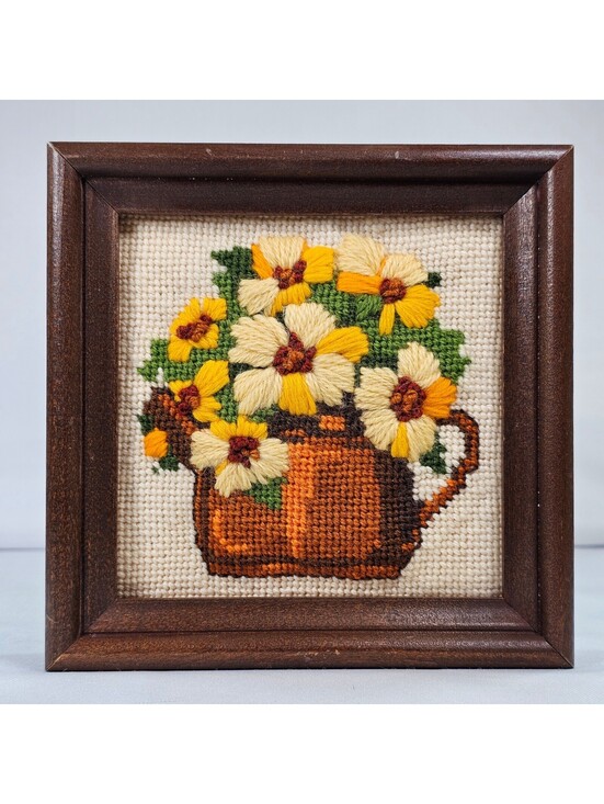 Other - Vintage Floral Needlepoint Framed Art Yellow Flowers Cottagecore 5x5 Wood Frame